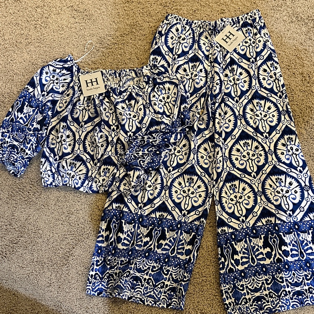 Haute Hippie Blue and White Wide Leg Pants